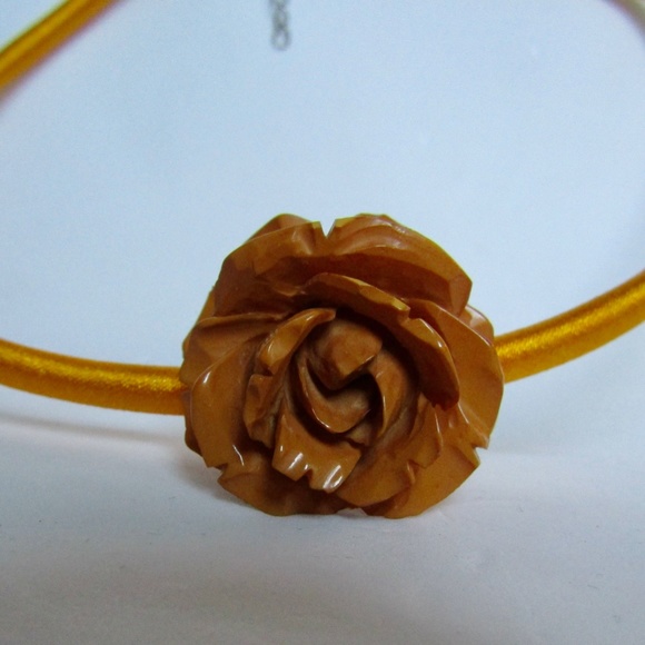 LC Carved Baltic Amber Burnt Orange Color Carved Rose Pendant attached to Silk 5 - Picture 4 of 8